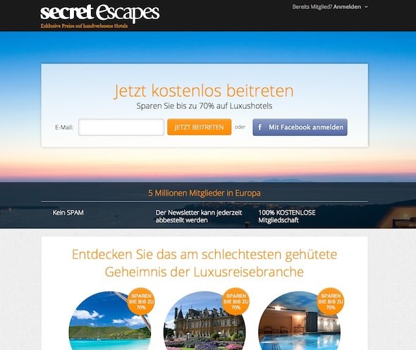 Secret Escapes Online Shop Startseite