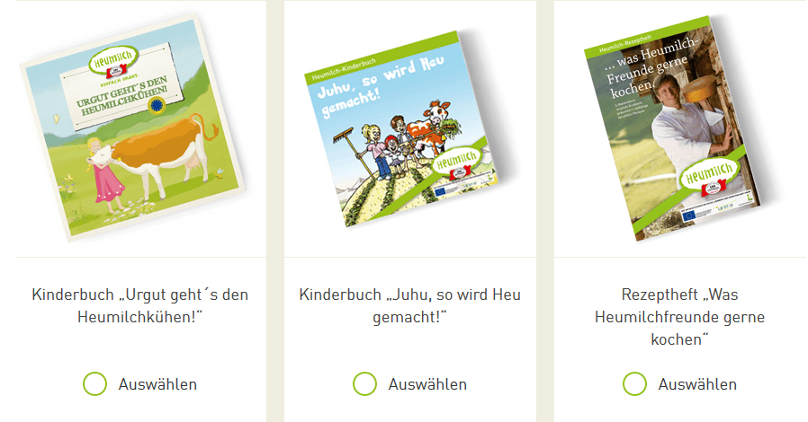 Kinderbücher, Rezepthefte und mehr gratis bei Heumilch bestellen